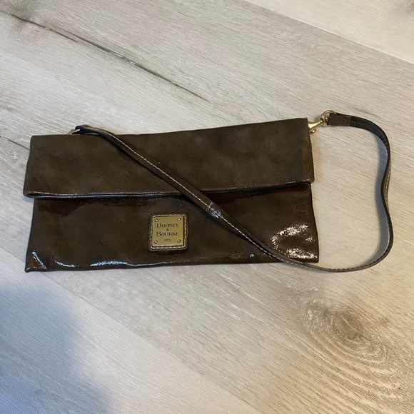 Vintage Mini Dooney & Bourke Envelope Fold Over Glossy Handbag, Brown/Olive - Picture 1 of 14